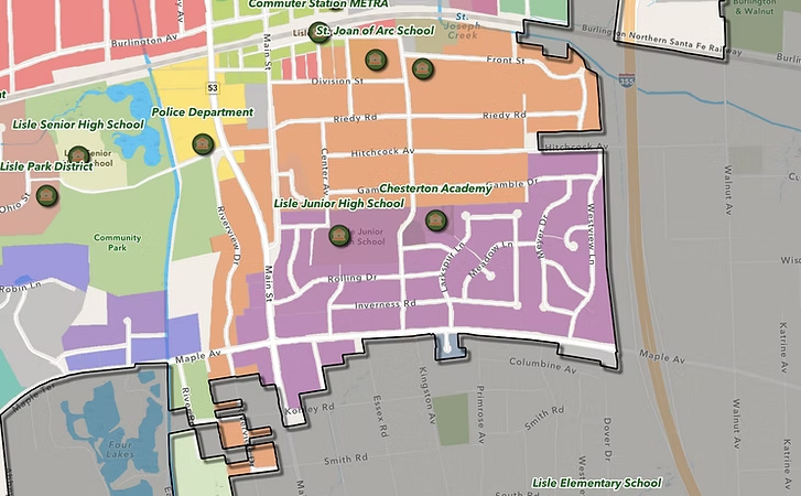 A map drawing of the neighborhoods in Lisle, IL, with Oakeview in purple