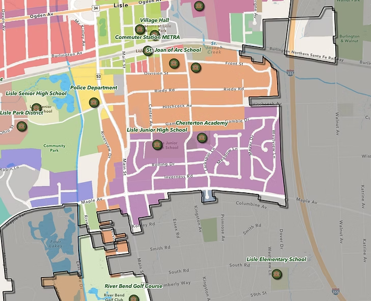A map drawing of the neighborhoods in Lisle, IL, with Oakeview in purple