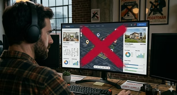 A man at a computer monitor, with a big X on the screen.